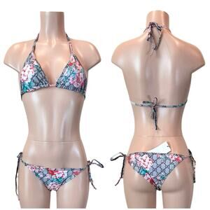 GG Floral Monogram Logo Tan & Pink Bikini SZ L
